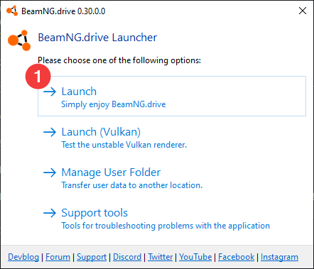 BeamNG.drive Launcher, with Launch button highlighted